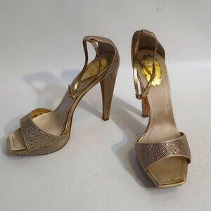 Womens Rena Caovilla Gold Crystal Embellished Platform Ankle Strap Heel 40 US/10